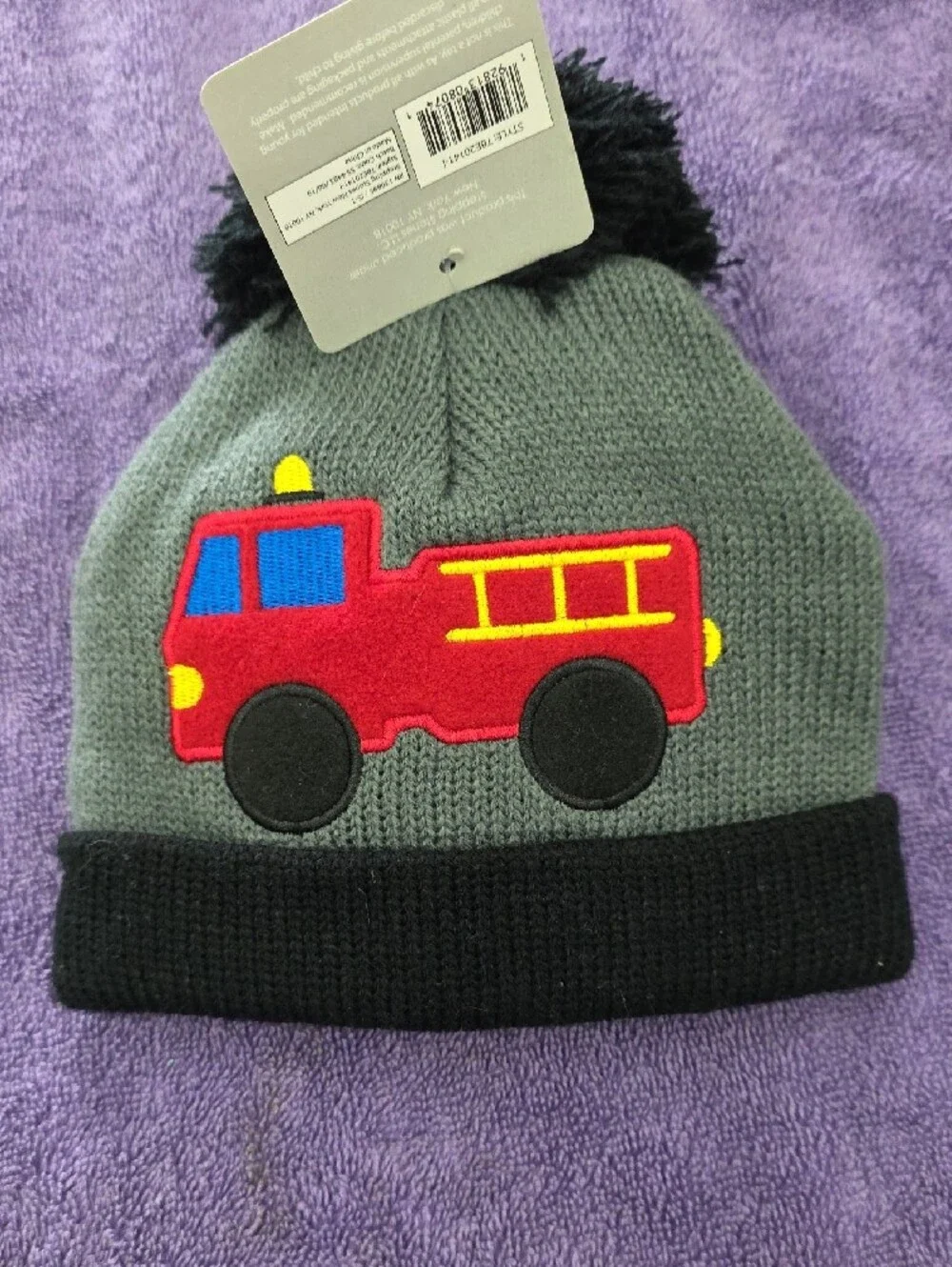 NWT First Steps Knit Kids Fire Truck Hat & Mitten Set - Gray with Black Pom